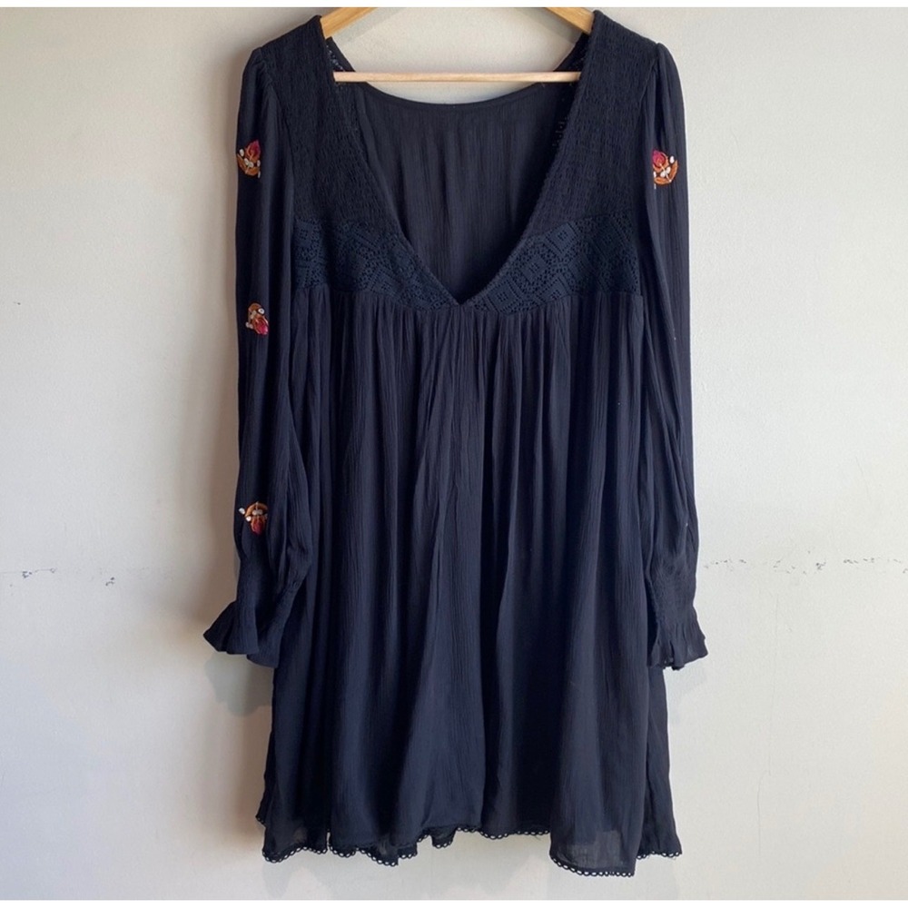Free People Mohave A-line‎ DressMini Dress Black XS Embroidered Boho Babydoll - Picture 4 of 12